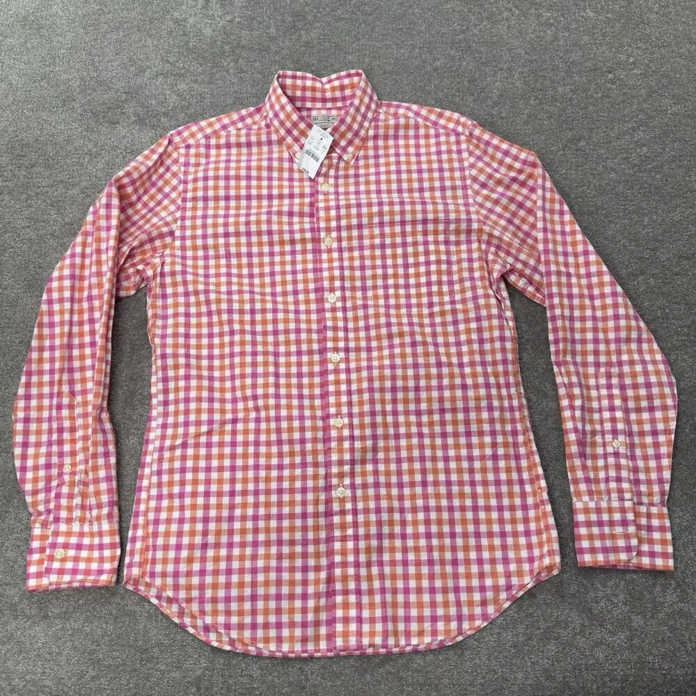 NWT J Crew Factory Mens Pink Orange Gingham Button Down Shirt Small‎ 100% Cotton